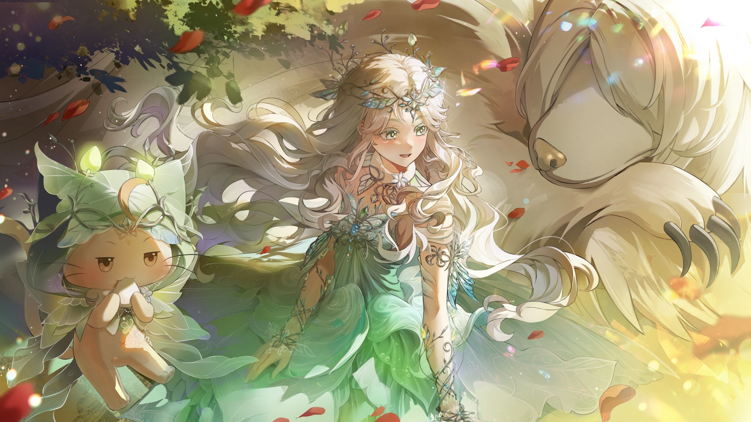 animal, cat_smile, datsha, dress, food, gray_eyes, gray_hair, headdress