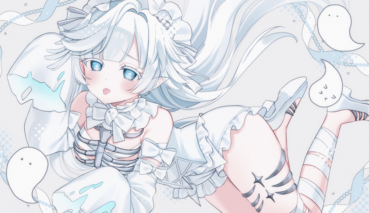 bandage, blue_eyes, blush, bow, garter, gray_hair, headdress, lolita_fashion, long_hair, njuzu, original, pointed_ears