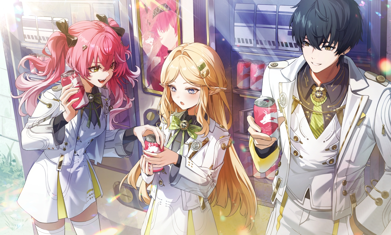 2girls, black_hair, blonde_hair, blue_eyes, bow, brown_eyes, cartethyia_(wuthering_waves), datsha