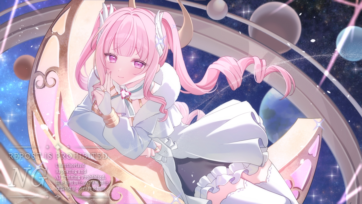 aliasing, blush, dress, earth, gloves, long_hair, njuzu, original, pink_eyes, pink_hair, planet, space, stars, thighhighs, twintails, watermark
