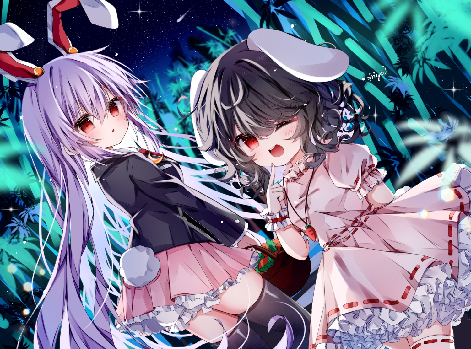 2girls, animal_ears, black_hair, blush, bunny_ears, bunnygirl, dress, inaba_tewi, loli, long_hair, necklace, night, nya_(pixiv_100585577), purple_hair, red_eyes, reisen_udongein_inaba, short_hair, signed, skirt, stars, tail, thighhighs, tie, touhou, tree, wink, wristwear, zettai_ryouiki