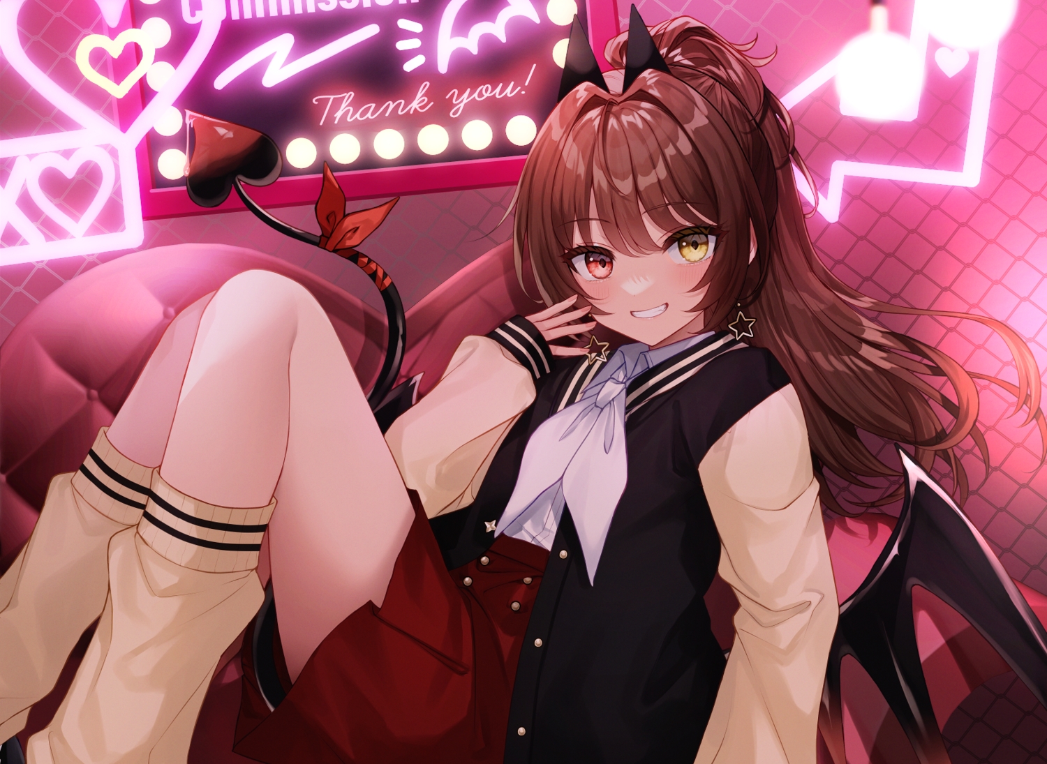 bicolored_eyes, blush, brown_hair, couch, demon, kneehighs, long_hair, original, paruo_orh, ponytail, shirt, skirt, tail, wings