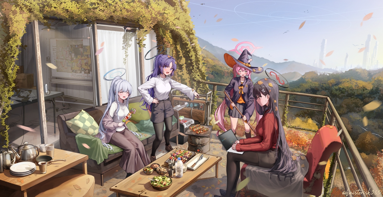 3d, autumn, black_hair, blue_archive, building, computer, couch, food, gray_hair, group, haine_(artist), halo, hayase_yuuka, kurosaki_koyuki, leaves, long_hair, pantyhose, pink_hair, ponytail, pubic_hair, purple_eyes, red_eyes, scenic, school_uniform, signed, skirt, sky, tsukatsuki_rio, twintails, ushio_noa, witch
