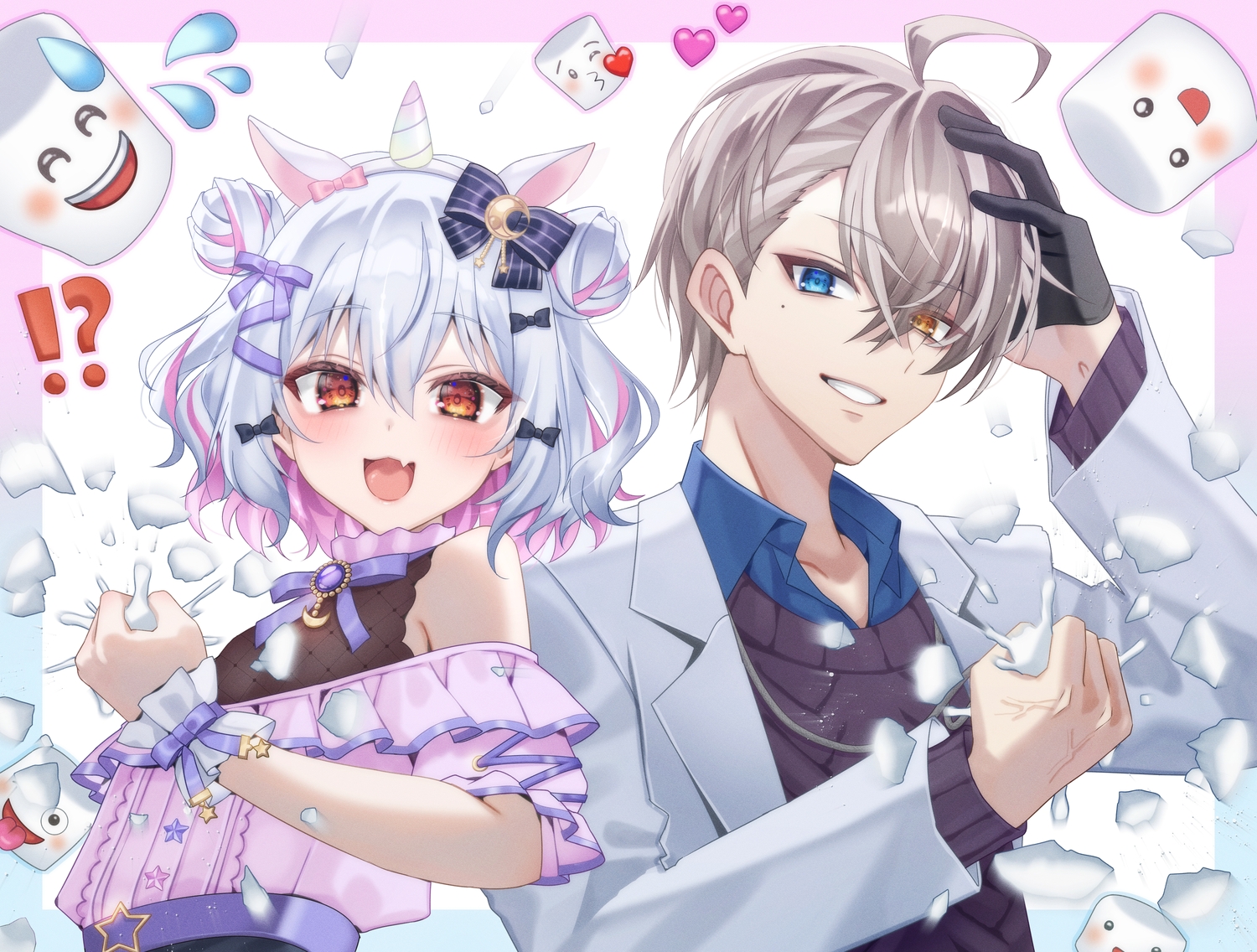 all_male, animal_ears, bicolored_eyes, blue_eyes, blush, bow, cat_smile, chierishu