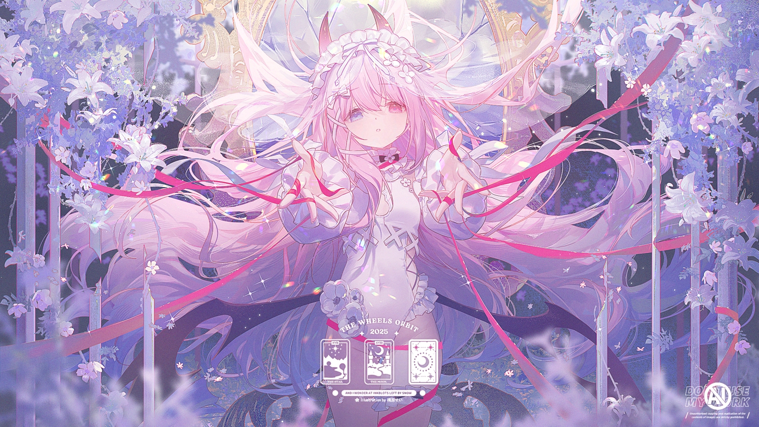 bicolored_eyes, bow, flowers, headdress, horns, leotard, lolita_fashion, long_hair