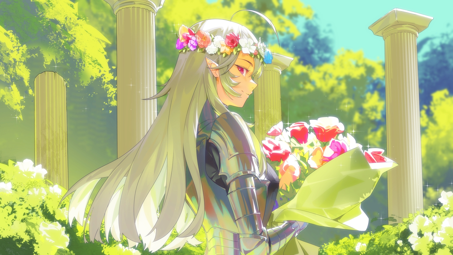 armor, close, flowers, general_geega, gray_hair, headband, indie_virtual_youtuber, kuroi_enpitsu
