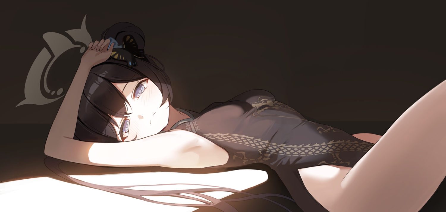 black_hair, blue_archive, blush, chinese_clothes, chinese_dress, dress, gray_eyes, halo