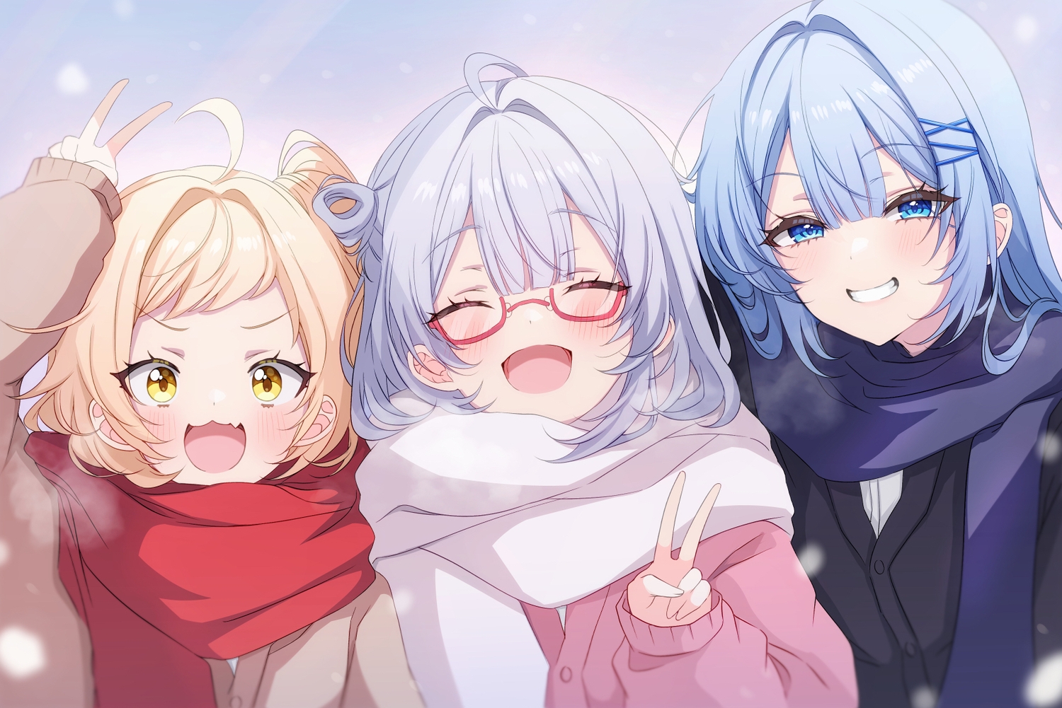 aqua_eyes, blonde_hair, blue_hair, blush, cat_smile, close, fang, glasses