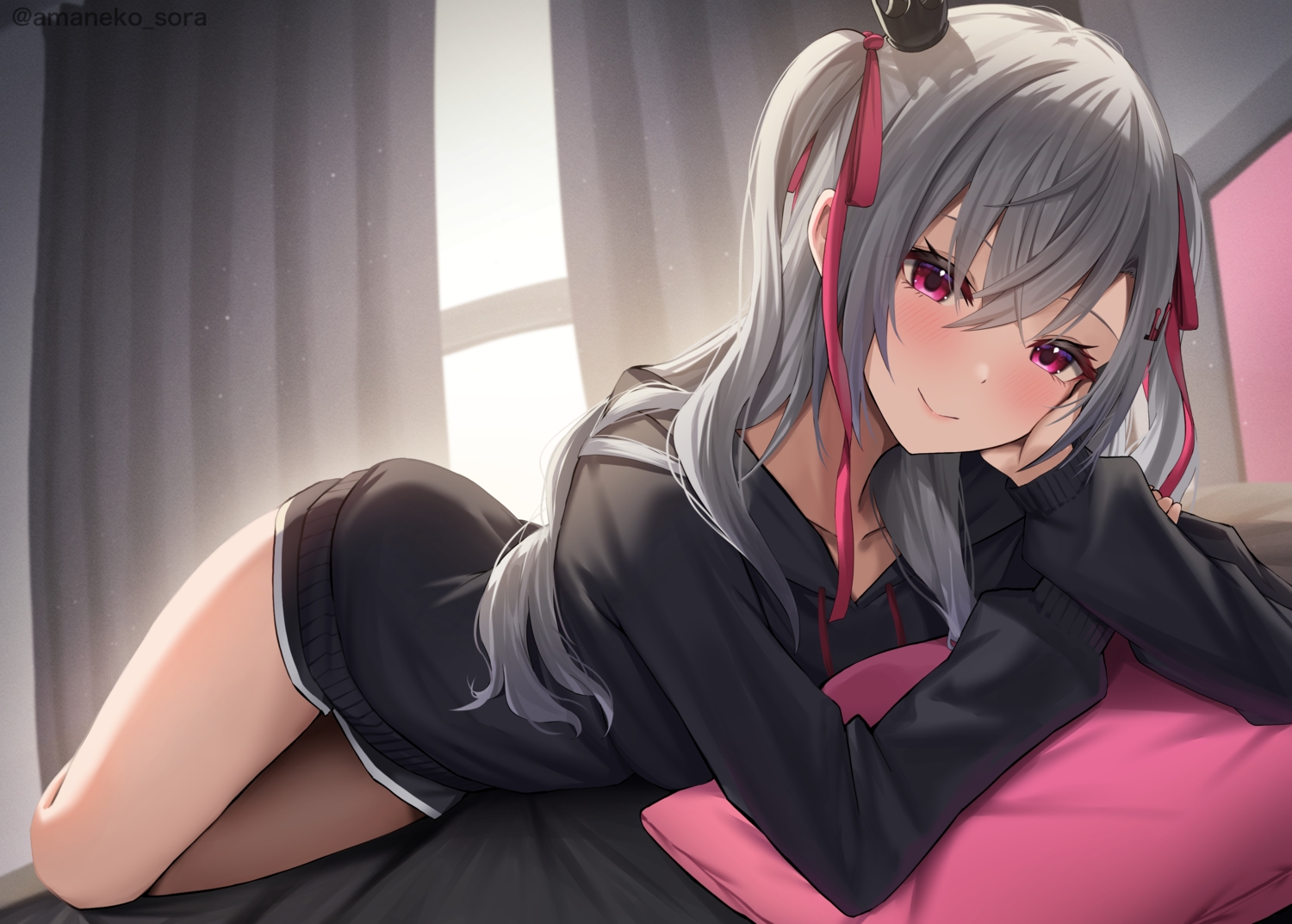 amane_sora, blush, gray_hair, hololive, hood, isaki_riona, long_hair, pink_eyes