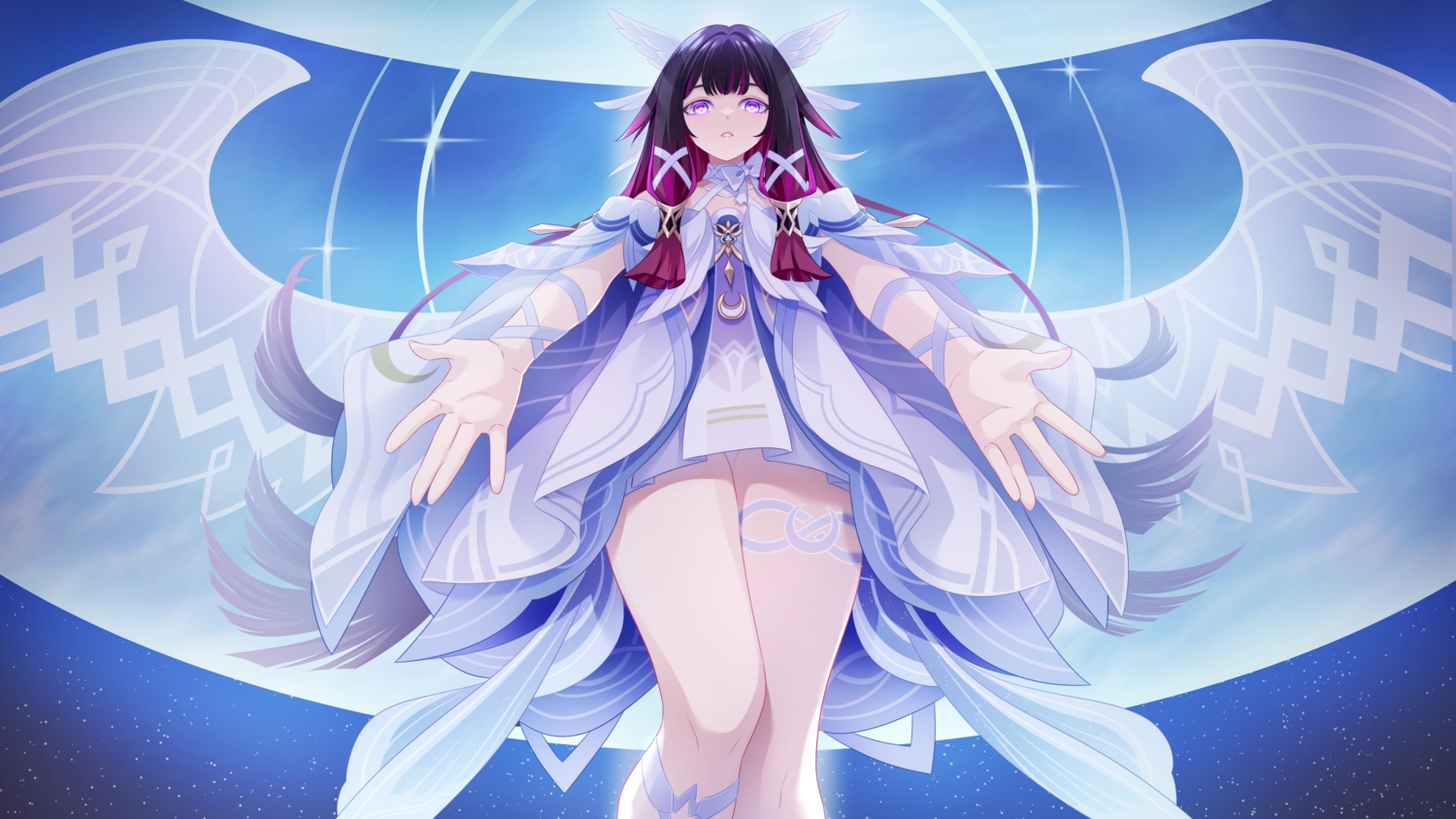 440_(straight440), columbina_(genshin_impact), dress, garter, genshin_impact, long_hair, purple_eyes, wings