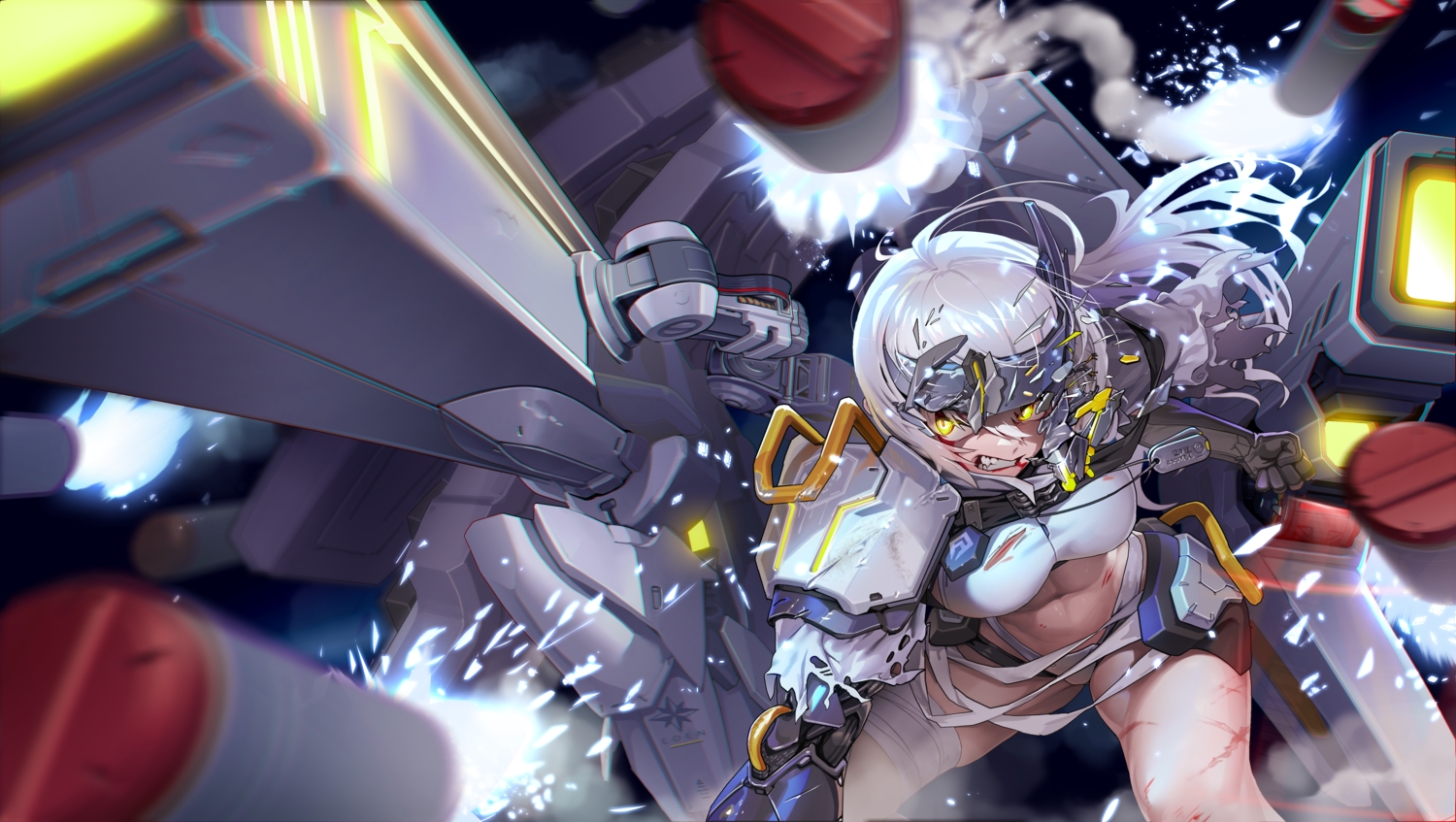 armor, bandage, blood, goddess_of_victory:_nikke, long_hair, mechagirl, myo-zin, navel, snow_white_(nikke), torn_clothes, white_hair, yellow_eyes