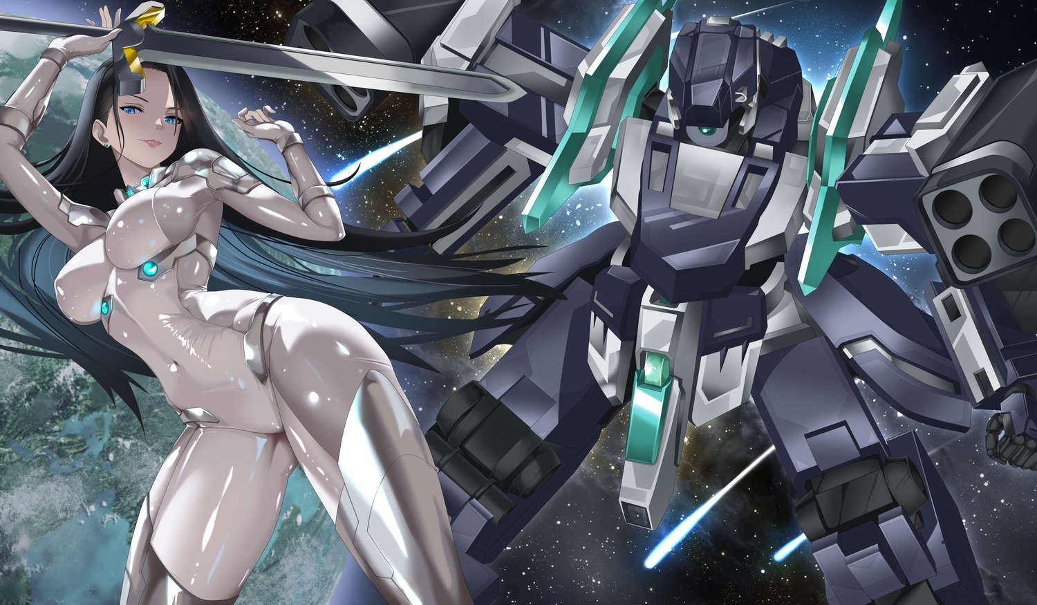 black_hair, blue_eyes, bodysuit, earth, indy_k, long_hair, mecha, mechagirl, original, planet, space, stars, sword, weapon
