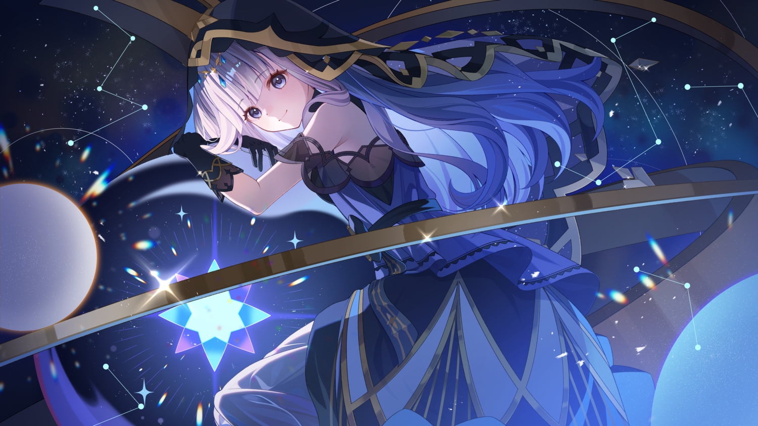 adina_savic, blue_eyes, blush, camunekoz, dress, elbow_gloves, eternal_return:_black_survival, gloves, gray_hair, headdress, long_hair, stars