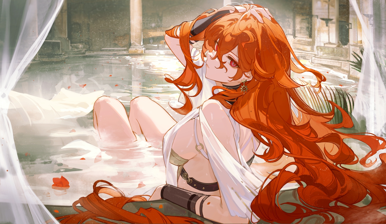 augusta_(wuthering_waves), bath, breasts, flowers, kuroduki, long_hair, orange_hair, petals, red_eyes, water, wet, wristwear, wuthering_waves