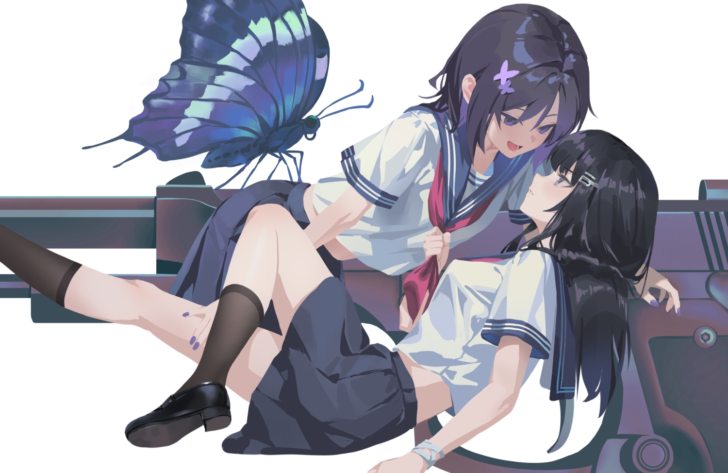 2girls, black_hair, butterfly, gun, housho_margo, kneehighs, kurobe_nanoka, long_hair