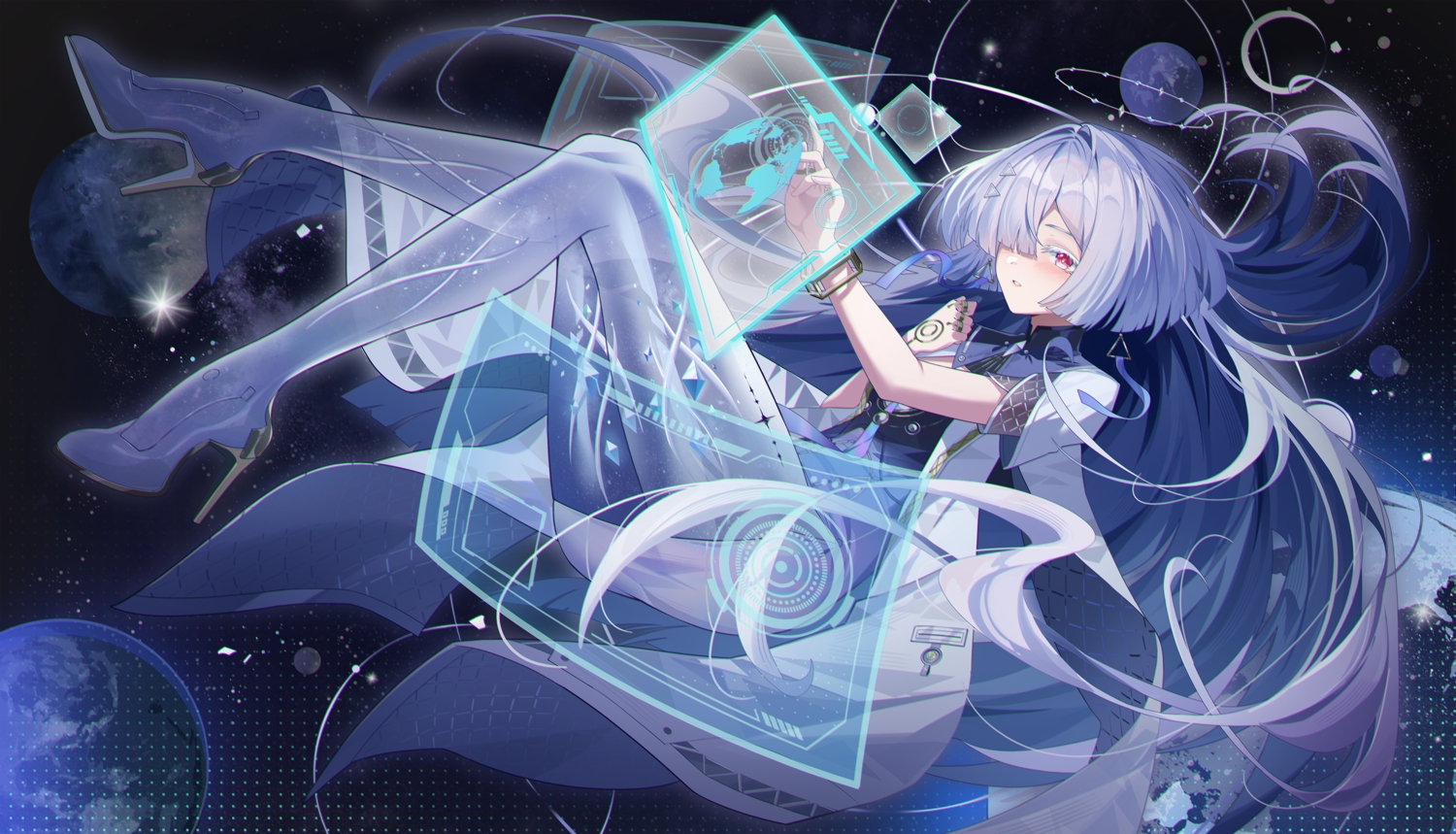 blush, computer, dress, earth, gray_hair, halo, laosi_j, long_hair