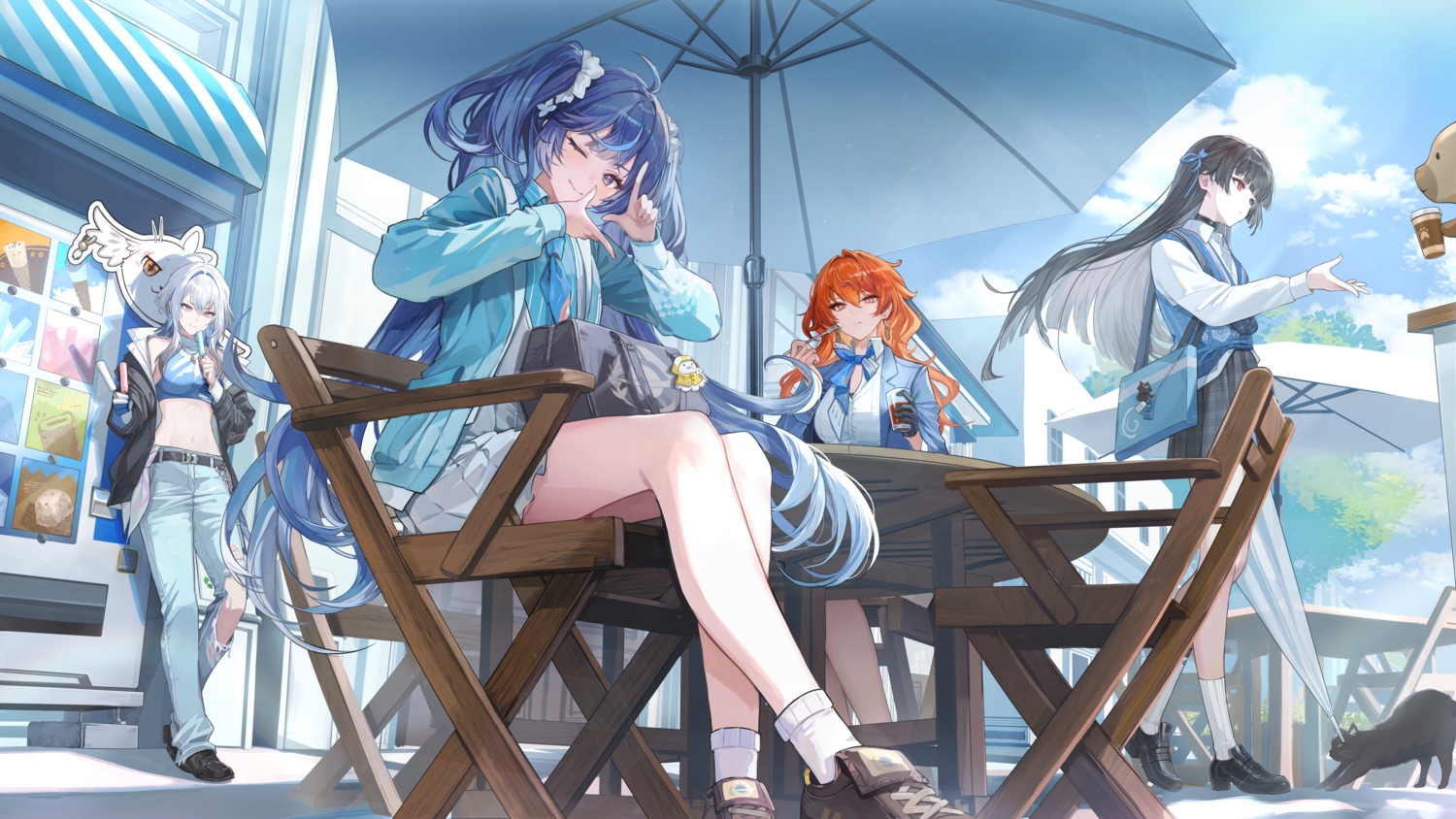 animal, augusta_(wuthering_waves), black_hair, blue_eyes, blue_hair, cat, chisa_(wuthering_waves), clouds