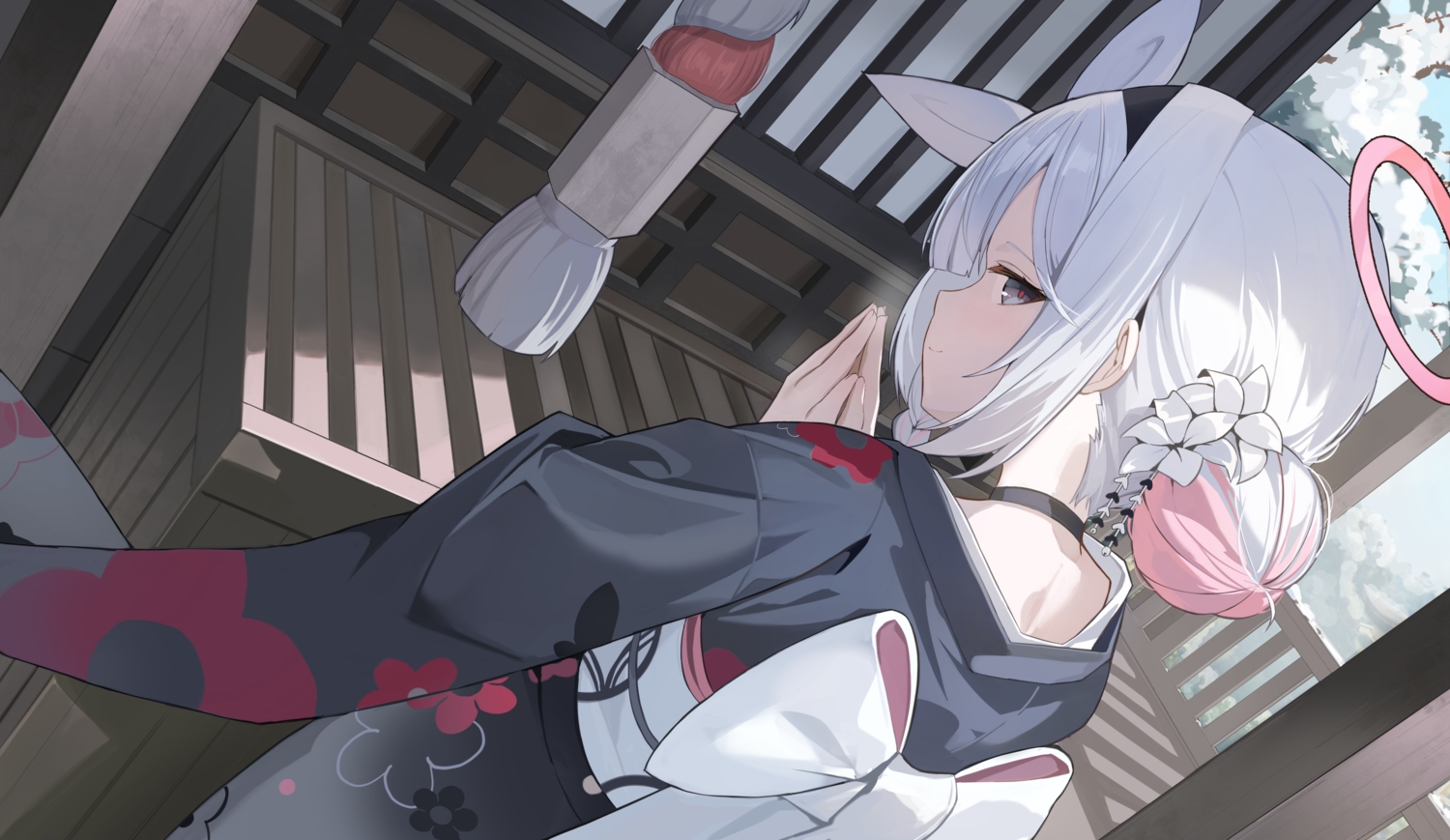 blue_archive, bow, braids, building, choker, flowers, gray_eyes, gray_hair