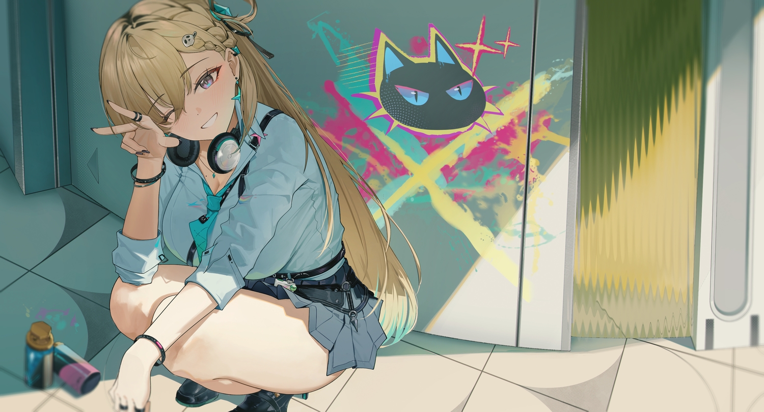 blonde_hair, braids, graffiti, headphones, jiuzaiqianjitian, long_hair, lynae_(wuthering_waves), necklace, purple_eyes, school_uniform, shade, skirt, tie, wink, wristwear, wuthering_waves