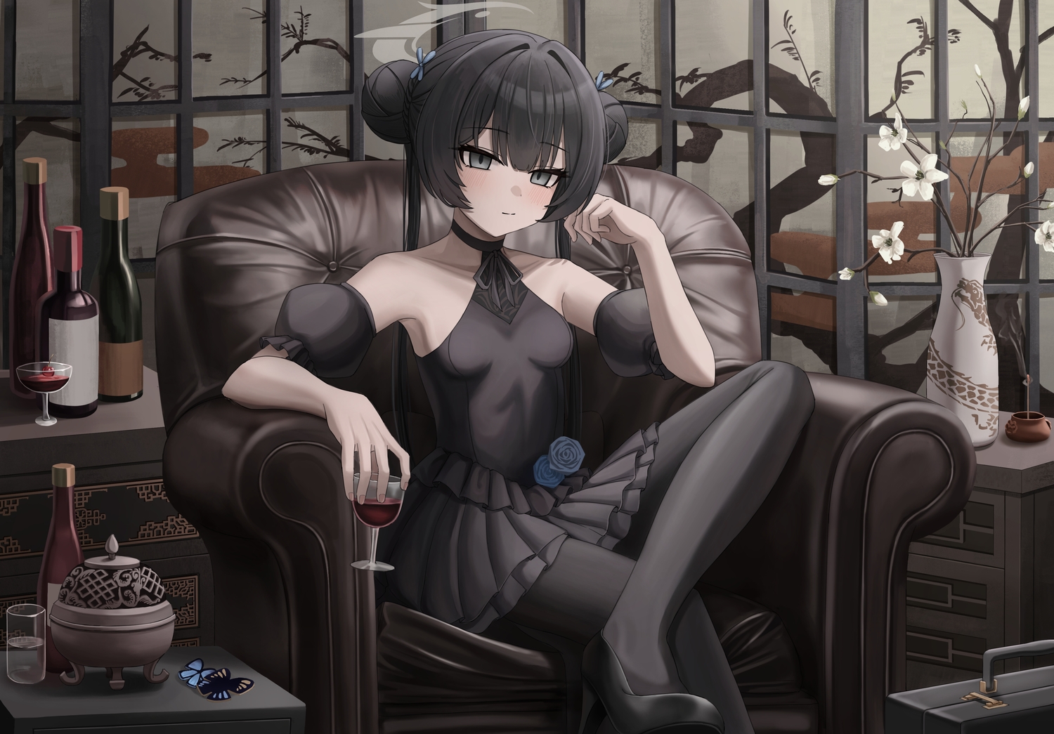 black_hair, blue_archive, doumu_(31678316), dress, drink, flowers, gray_eyes, halo