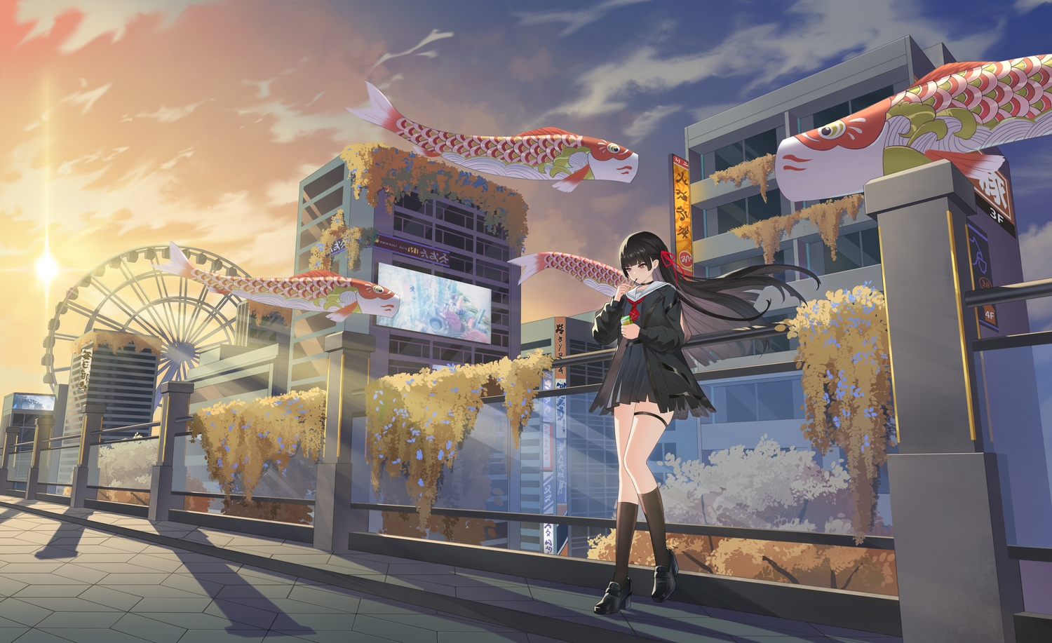 black_hair, boost404, bow, chisa_(wuthering_waves), clouds, garter, kneehighs, long_hair