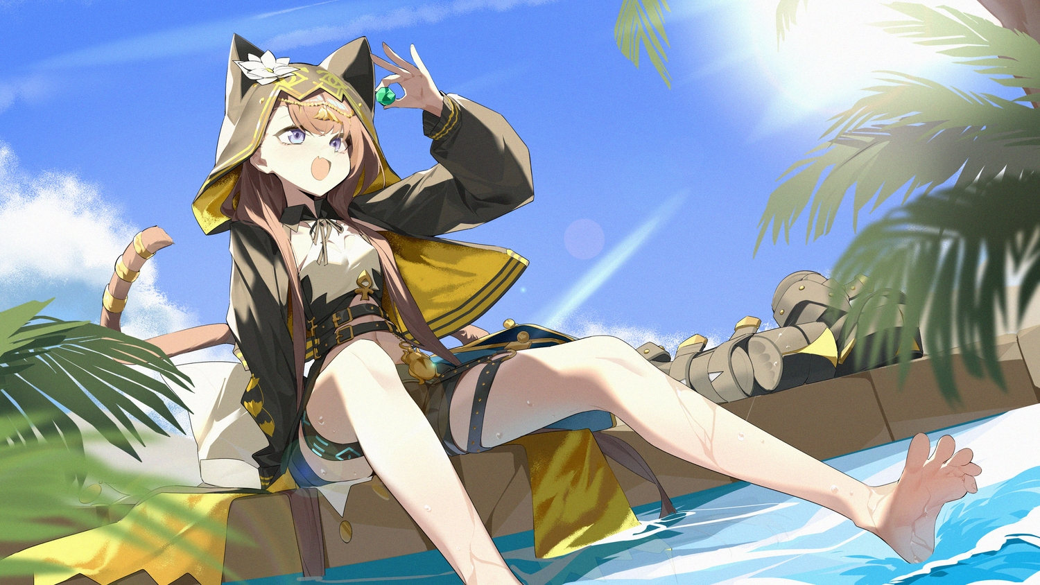 animal_ears, arknights, barefoot, brown_hair, catgirl, clouds, fang, garter, hood, long_hair, navel, pepe_(arknights), purple_eyes, shorts, sky, tail, wako_(1194433260), water, wet