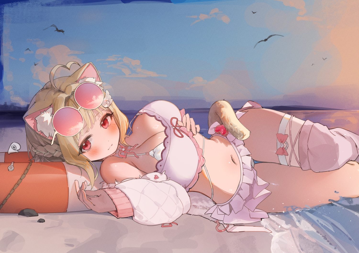 animal, animal_ears, beach, bikini, bird, blonde_hair, blush, bow, braids, catgirl, cat_smile, chocosong, clouds, kemomimi_refle!, long_hair, navel, nekoma_karin, red_eyes, sketch, skirt, sky, sunglasses, swim_ring, swimsuit, tail, thighhighs, water