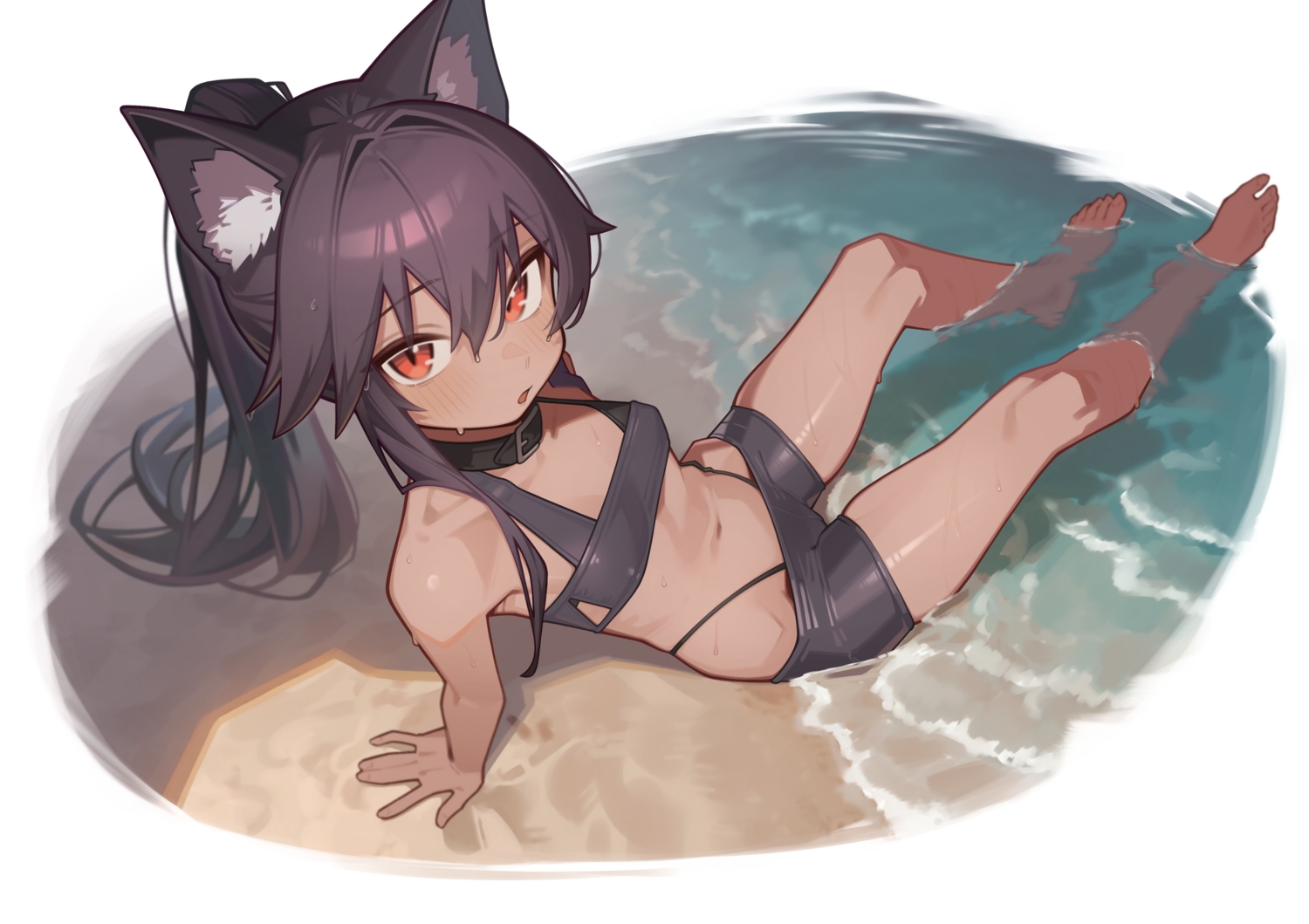 animal_ears, barefoot, beach, black_hair, blush, catgirl, collar, dark_skin