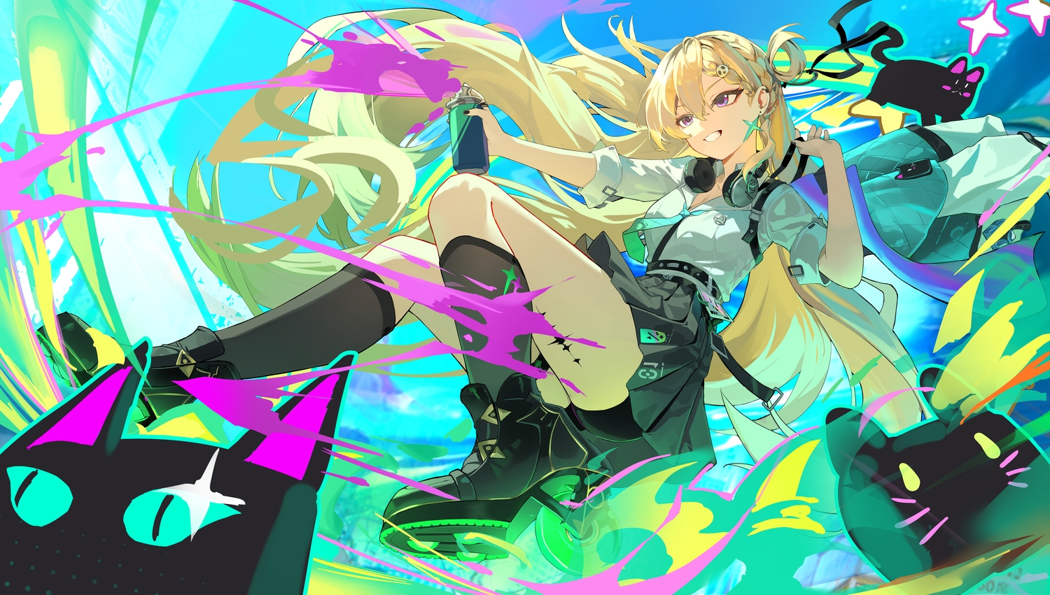 animal, blonde_hair, braids, cat, headphones, kneehighs, liwen520, long_hair