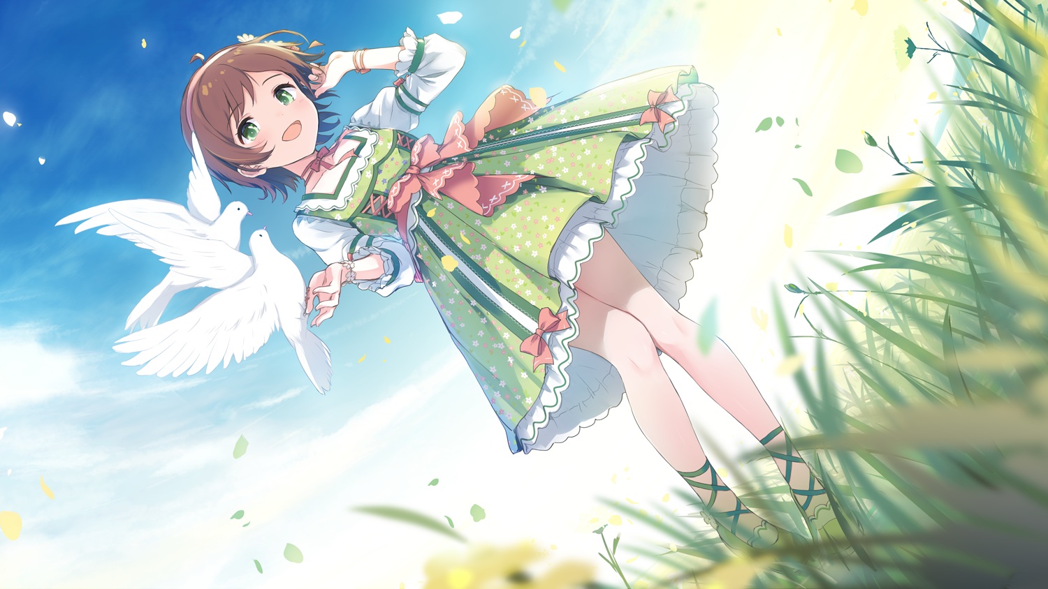 animal, aqua_eyes, bird, bow, brown_hair, clouds, dress, grass