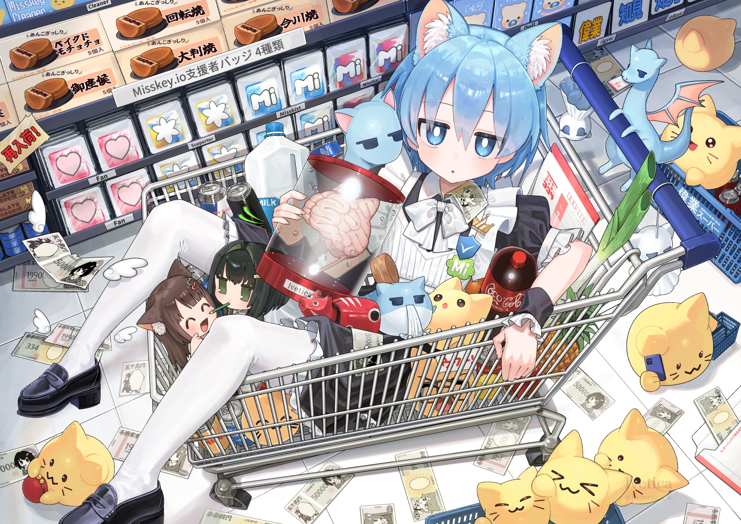 ai-chan_(misskey.io), aliasing, animal_ears, apron, black_hair, blue_eyes, blue_hair, brown_hair, catgirl, chibi, coca_cola, dragon, drink, food, fruit, green_eyes, lvetica, maid, misskey.io, murakami-san_(misskey.io), pantyhose, short_hair, syuilo_(misskey.io), wristwear