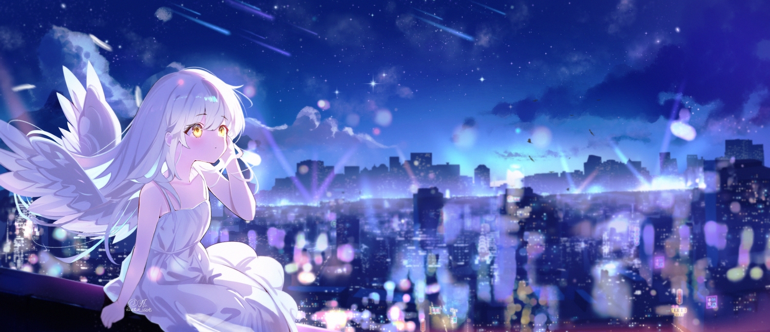 angel, angel_beats!, building, city, clouds, dress, flat_chest, long_hair, night, signed, sky, stars, summer_dress, tachibana_kanade, white_hair, wings, yellow_eyes, yunduan_tianshang_de_long_yt