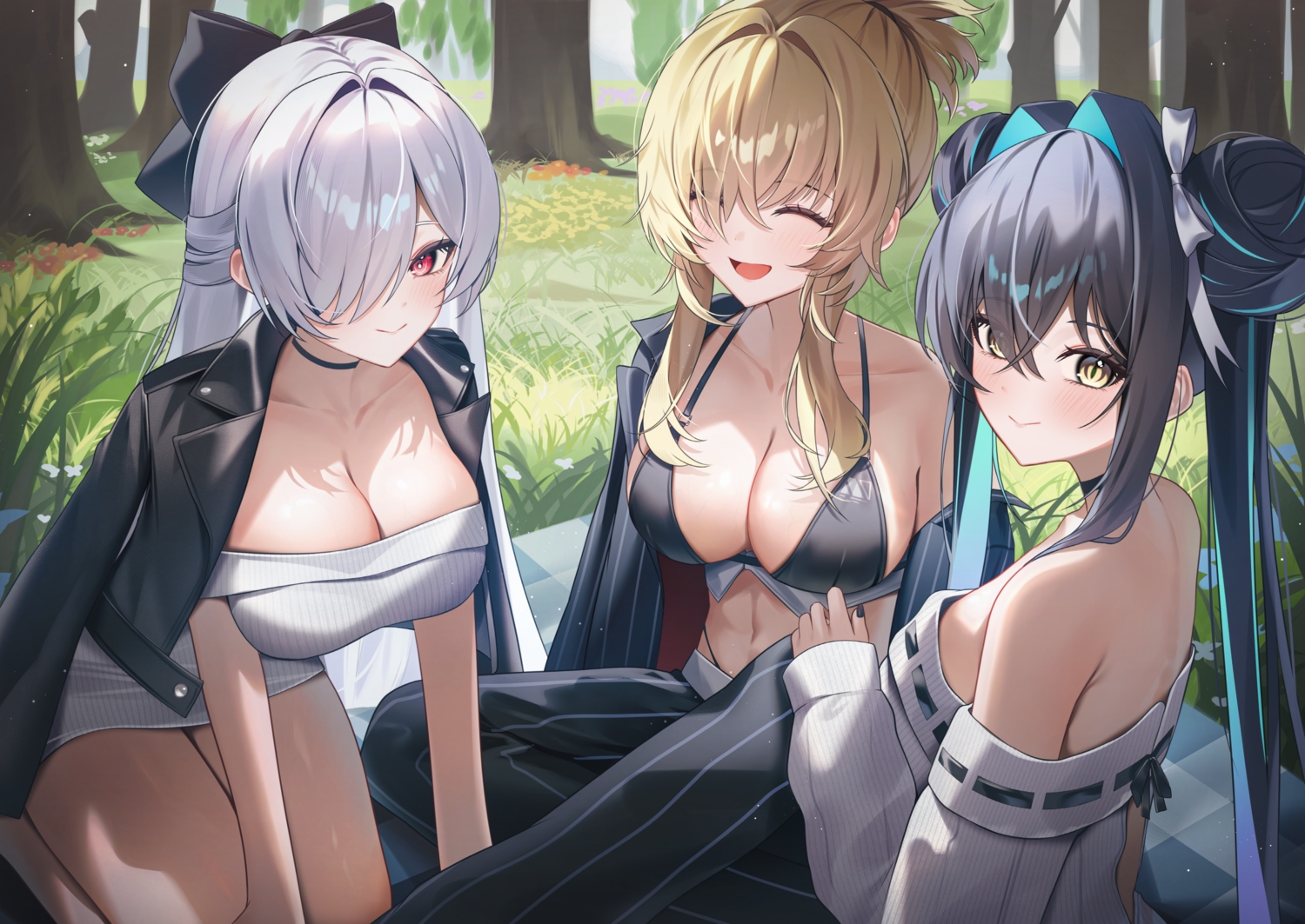 bikini_top, black_hair, blonde_hair, blush, bow, breasts, cinderella_(nikke), cleavage