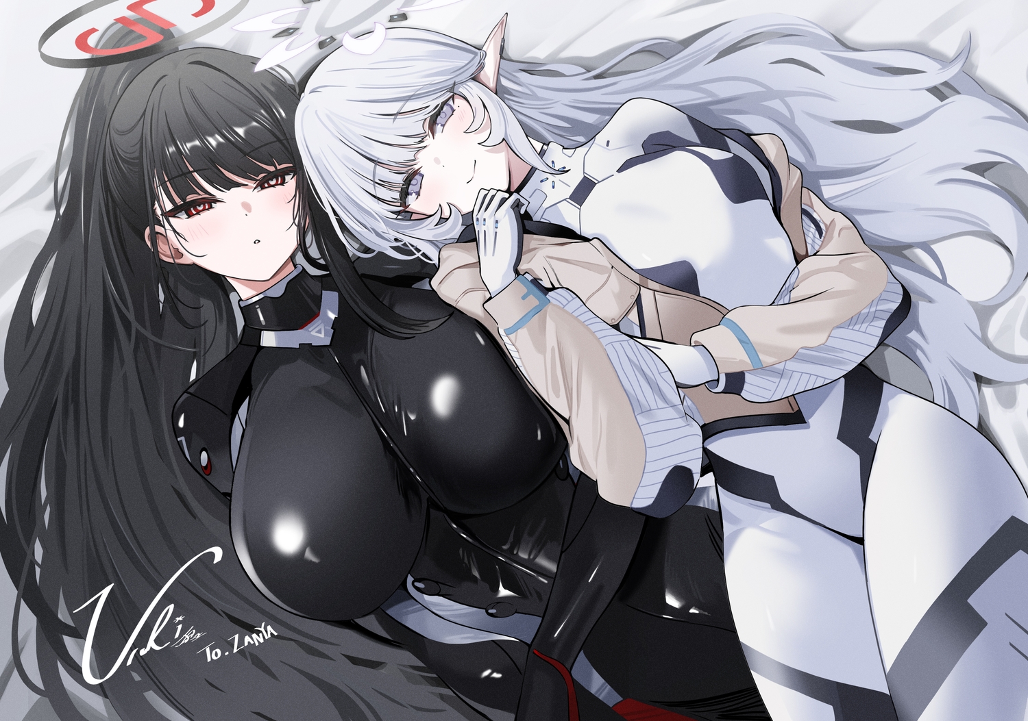 2girls, akeboshi_himari, black_hair, blue_archive, bodysuit, breasts, gray_eyes, gray_hair, halo, long_hair, pointed_ears, ponytail, red_eyes, tsukatsuki_rio, yuki_(asayuki101)