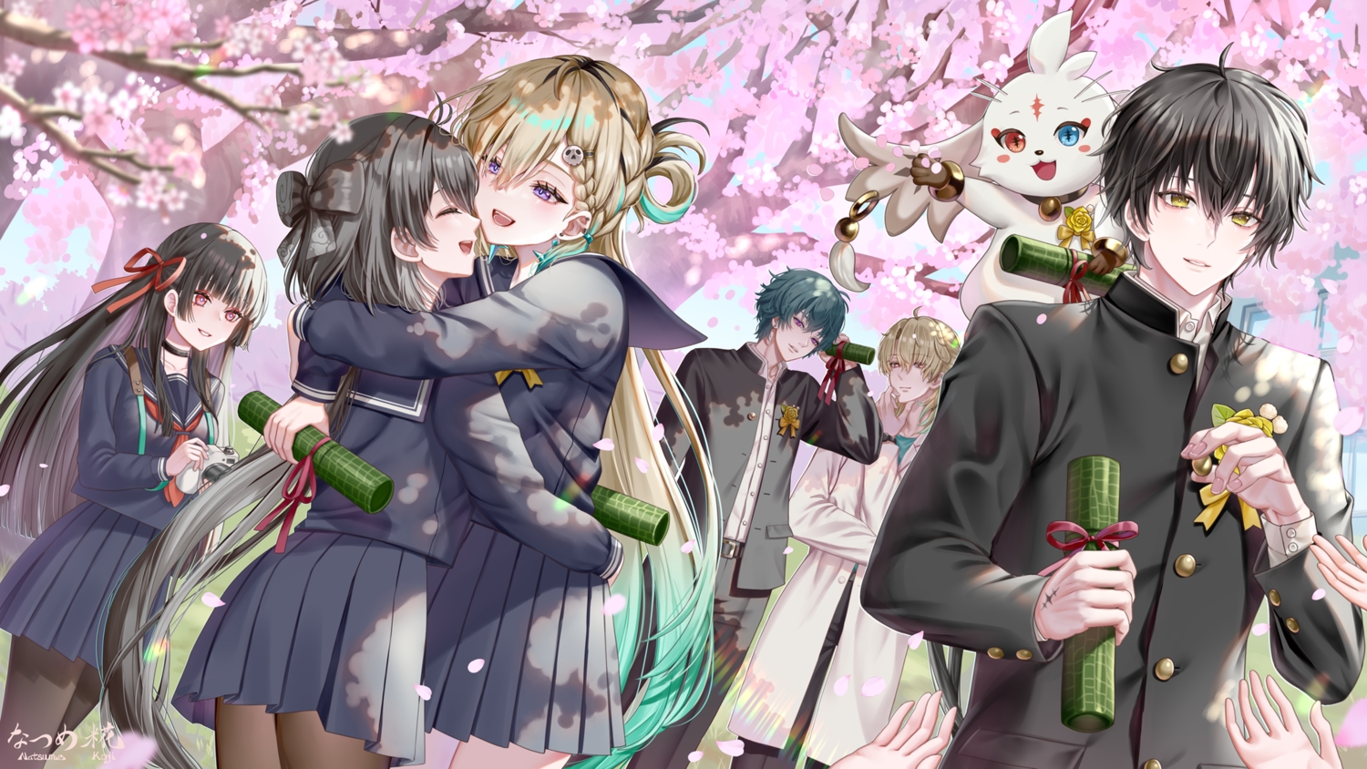 abby_(wuthering_waves), black_hair, blonde_hair, brant_(wuthering_waves), cherry_blossoms, chisa_(wuthering_waves), choker, female_rover_(wuthering_waves), flowers, group, hug, long_hair, luuk_herssen, lynae_(wuthering_waves), male, male_rover_(wuthering_waves), natsume_koji, pantyhose, purple_eyes, school_uniform, skirt, spring, tree, watermark, wuthering_waves, yellow_eyes