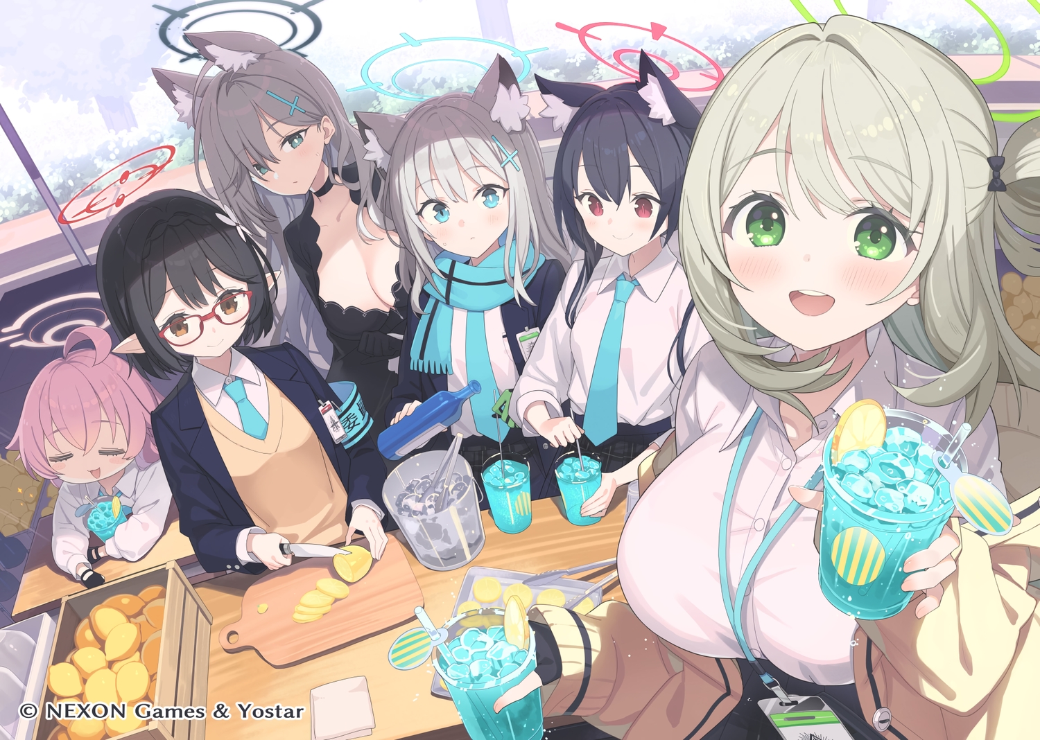aliasing, animal_ears, aqua_eyes, black_hair, blue_archive, braids, breasts, brown_eyes