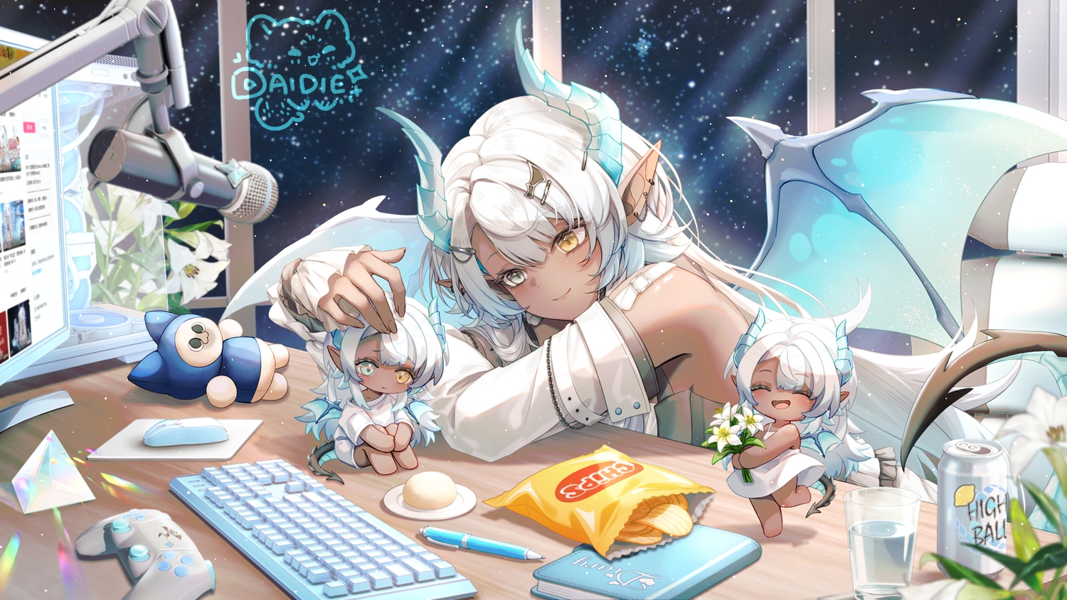 bicolored_eyes, book, chibi, close, computer, dai_die, dark_skin, drink