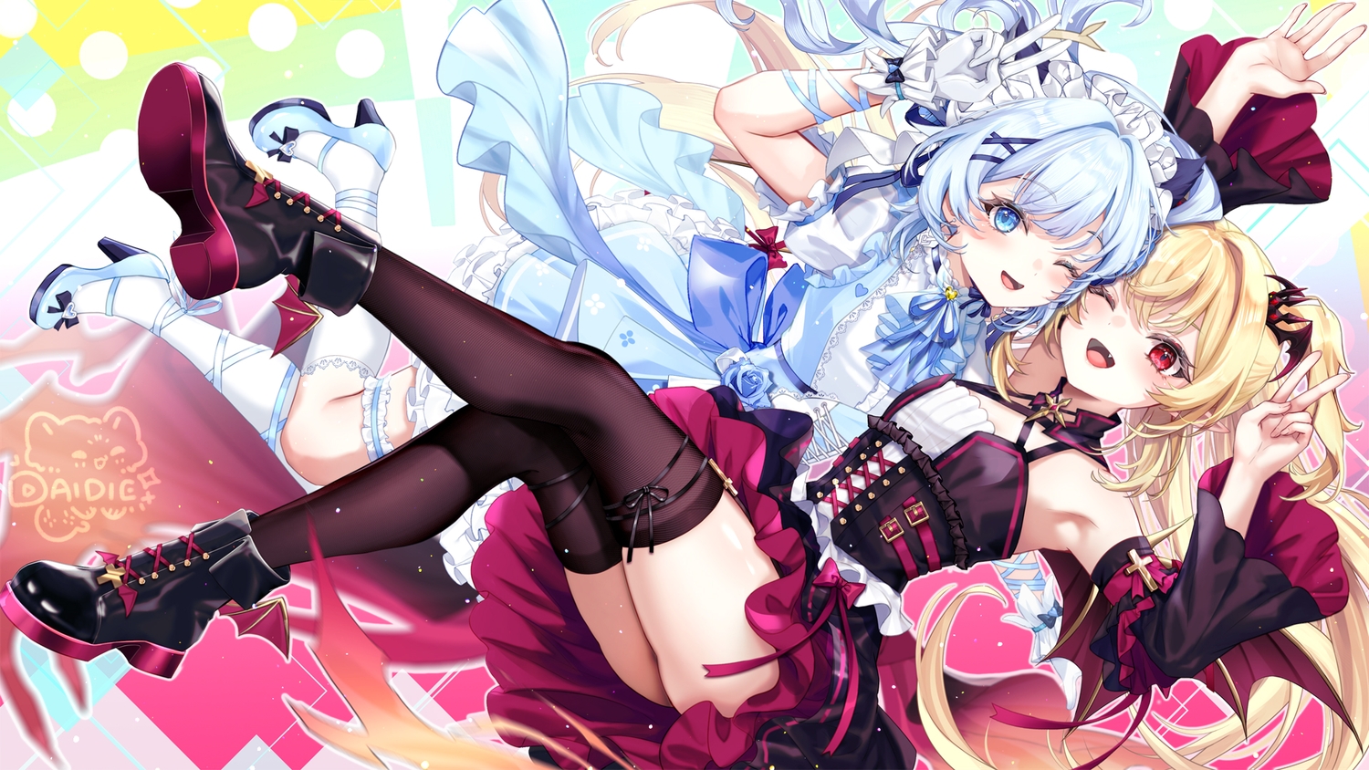 2girls, blonde_hair, blue_eyes, blue_hair, boots, dai_die, dress, fang