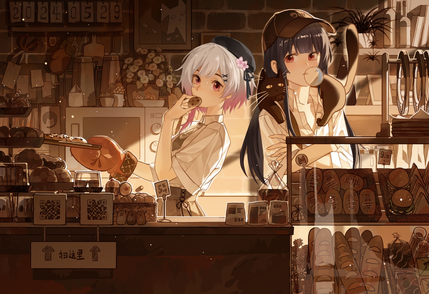 2girls, animal, black_hair, bow, brown, candy, cat, flowers, food, gloves, gray_hair, hat, long_hair, mahou_shoujo_no_majo_saiban, nikaidou_hiro, pink_eyes, red_eyes, sakuraba_ema, shirt, short_hair, skirt, tagme_(artist), tie