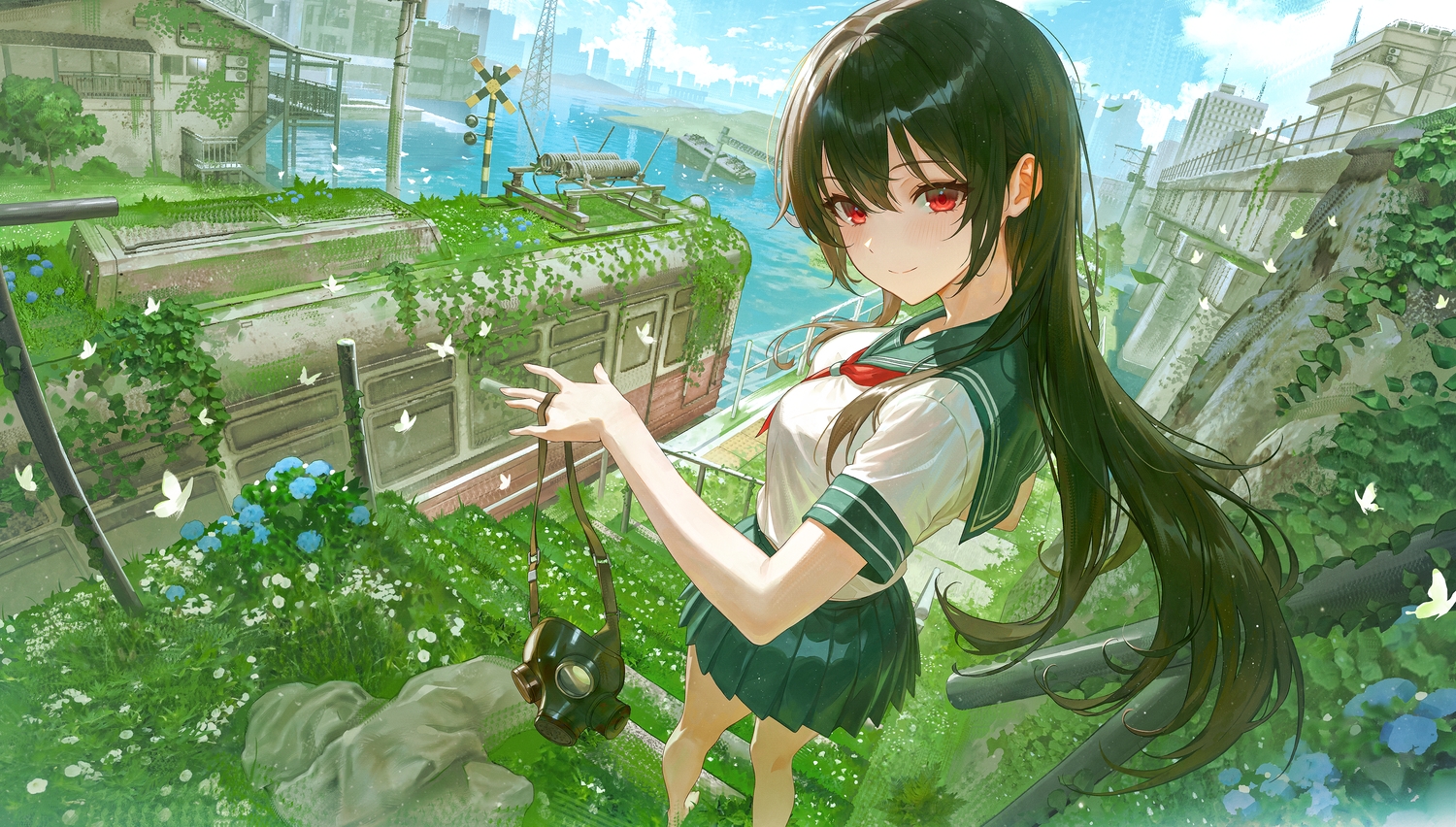 3d, black_hair, blush, building, butterfly, city, clouds, flowers