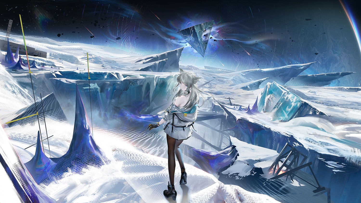 animal_ears, arknights, arknights:_endfield, blue_eyes, building, gloves, gray_hair, hood