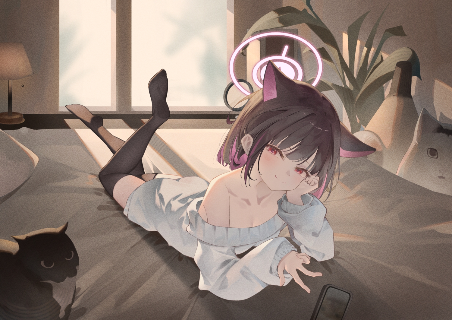 animal_ears, ass, bed, black_hair, blue_archive, blush, catgirl, halo, kyouyama_kazusa, miku_rasha, no_bra, phone, red_eyes, short_hair