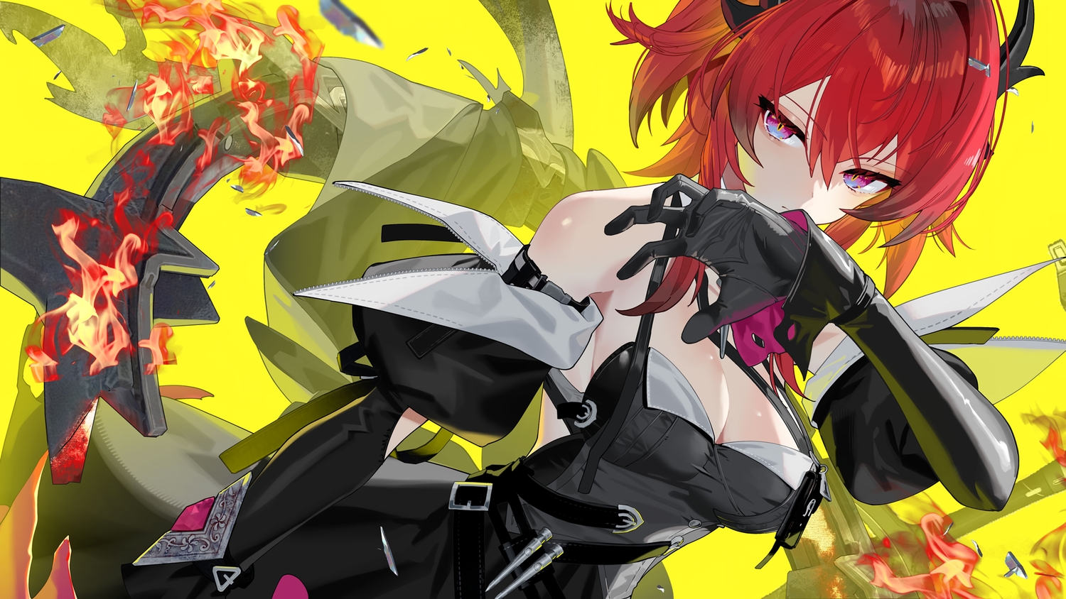 arknights, arknights:_endfield, breasts, cleavage, dress, fire, gloves, horns