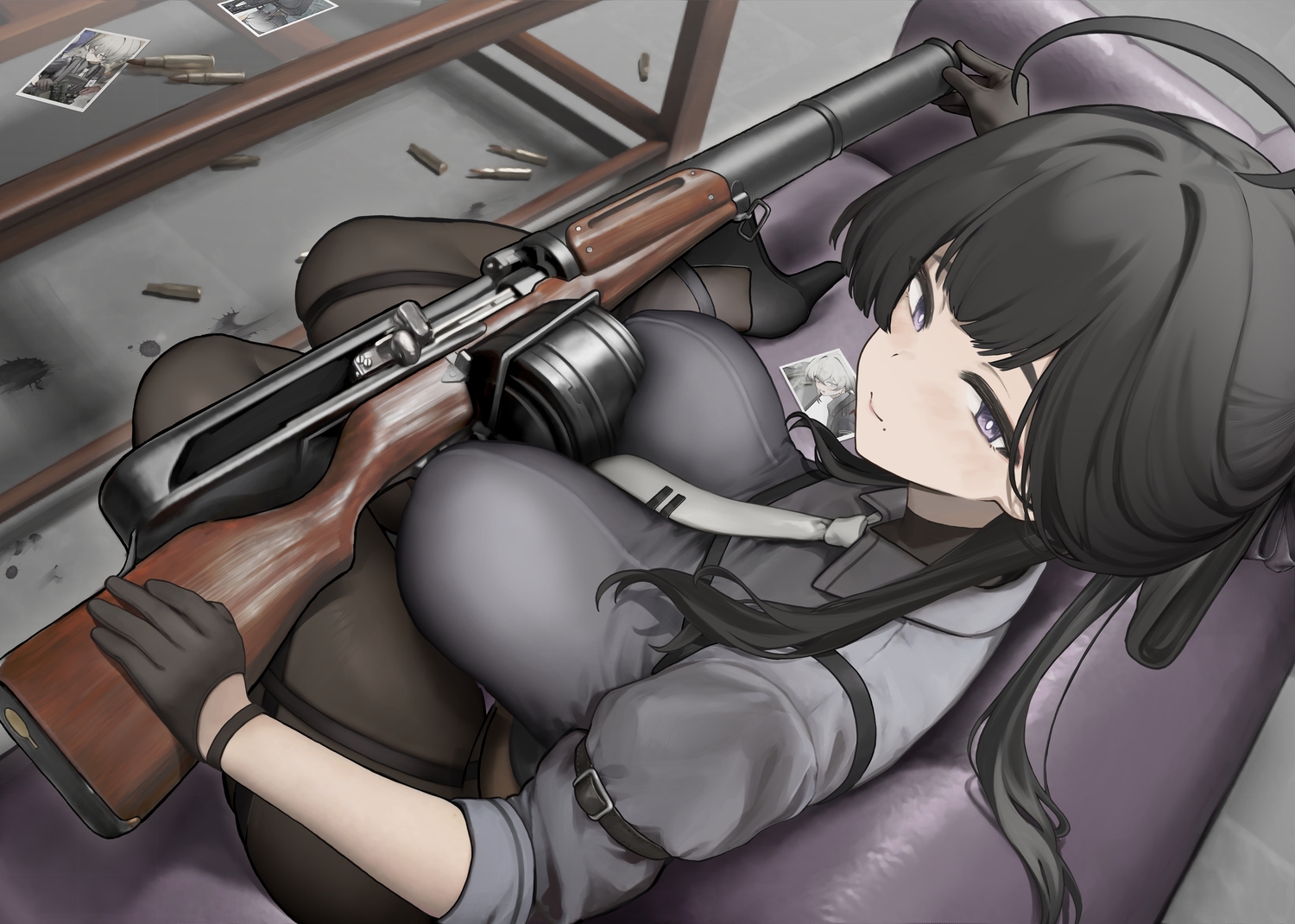 black_hair, breasts, garter, gloves, gun, long_hair, original, pantyhose, purple_hair, seallllion, shirt, tie, weapon