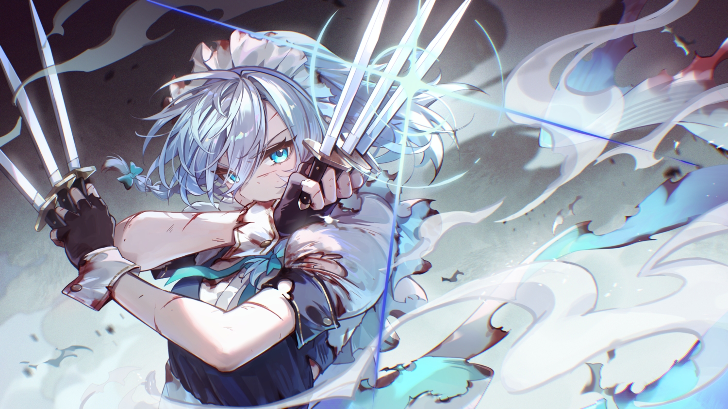 aqua_eyes, blood, bow, braids, dress, gloves, gray_hair, headdress