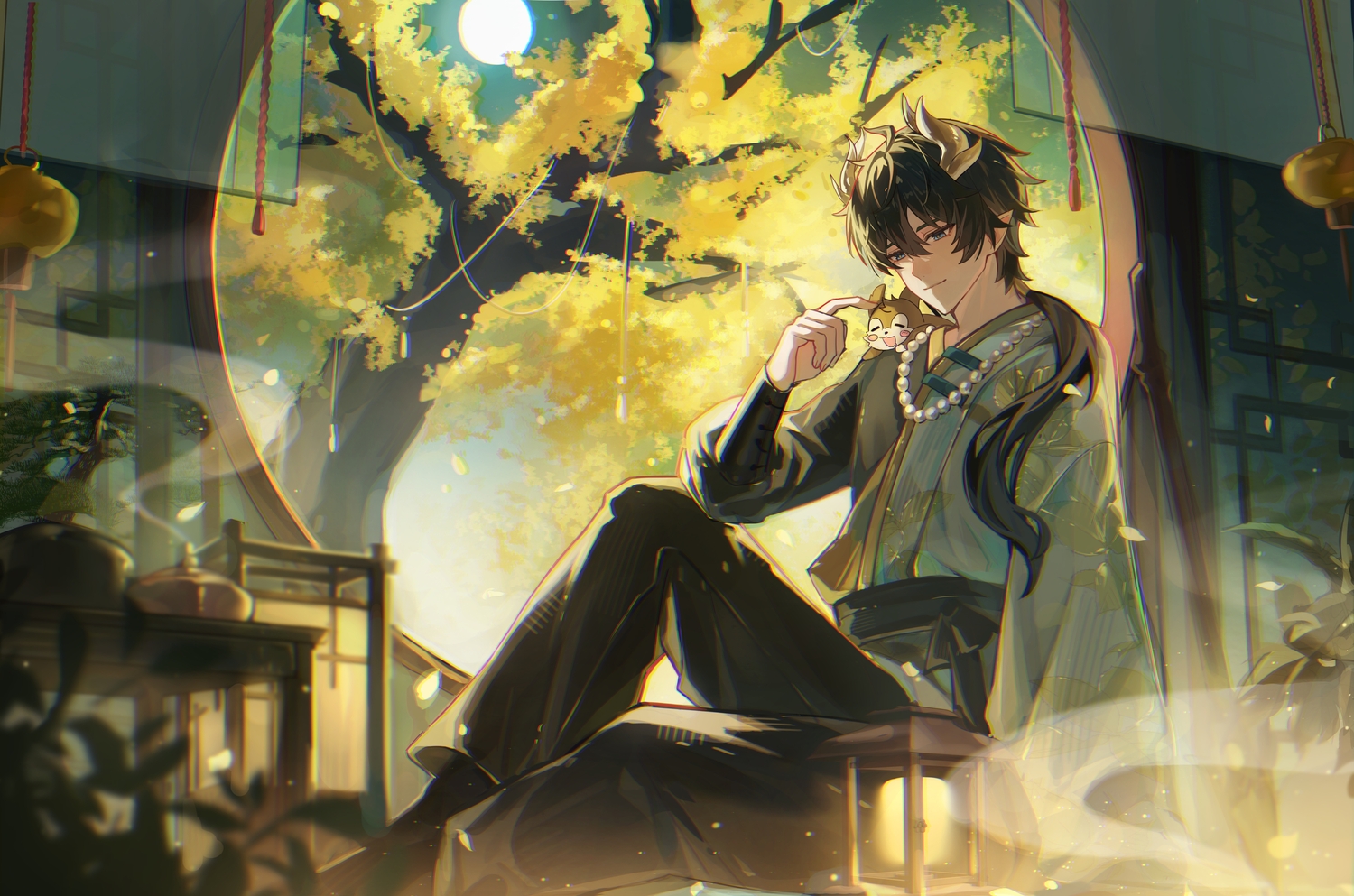 all_male, animal, black_hair, blue_eyes, dan_heng_(honkai:_star_rail), honkai_(series), honkai:_star_rail, horns, leaves, long_hair, male, moon, necklace, night, pointed_ears, ponytail, sky, tree, uwon