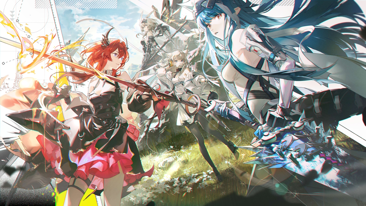 animal_ears, aqua_hair, arknights, avywenna_(arknights), blue_eyes, brown_eyes, clouds, flowers