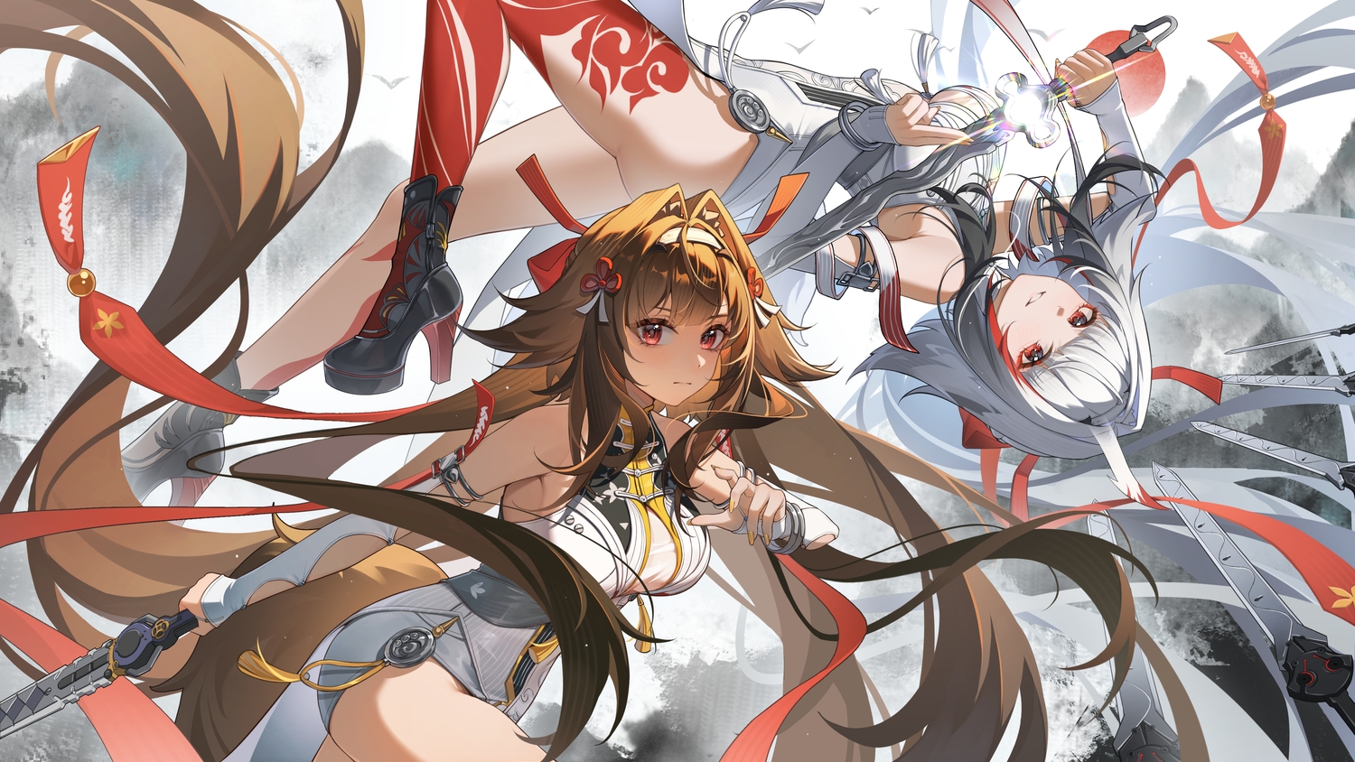 2girls, brown_hair, dress, foxgirl, gray_hair, long_hair, red_eyes, sword