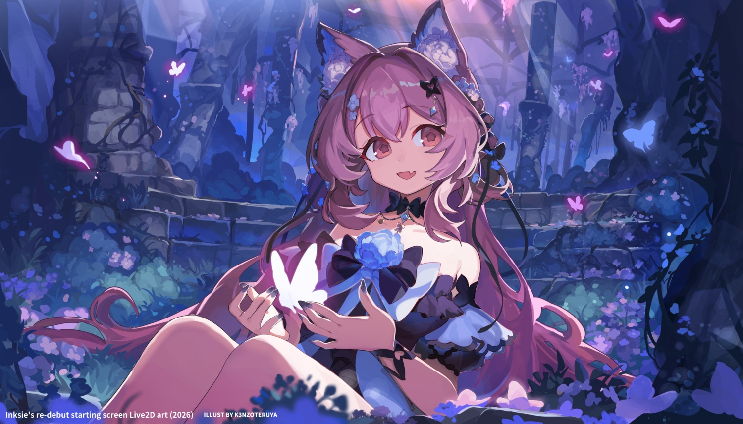 animal_ears, bow, butterfly, choker, dress, fang, indie_virtual_youtuber, inksie_(vtuber), k3nzoteruya, long_hair, pink_eyes, pink_hair, ruins, stairs, tail, wristwear