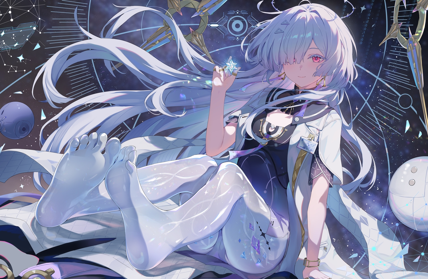 barefoot, blush, dress, gray_hair, hokori_sakuni, long_hair, mornye_(wuthering_waves), pink_eyes, wristwear, wuthering_waves